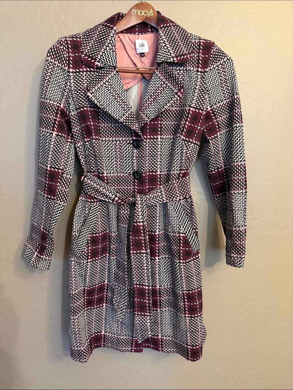 Cabi Sovereign Trench Plaid Houndstooth Overcoat
